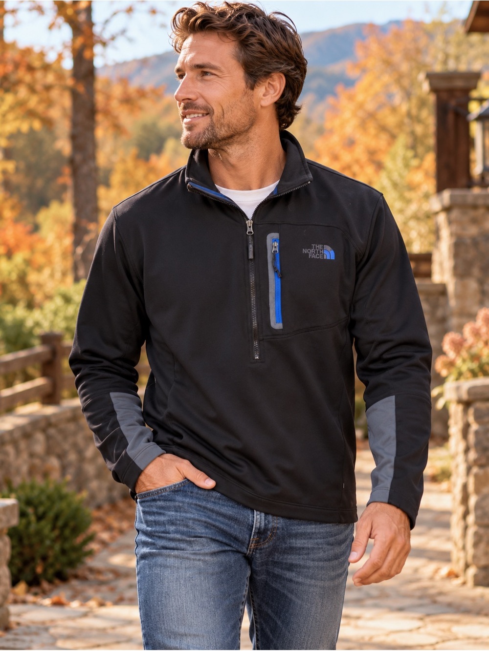 The North Face Black Blue Quarter Zip Performance Pullover Outdoor Large